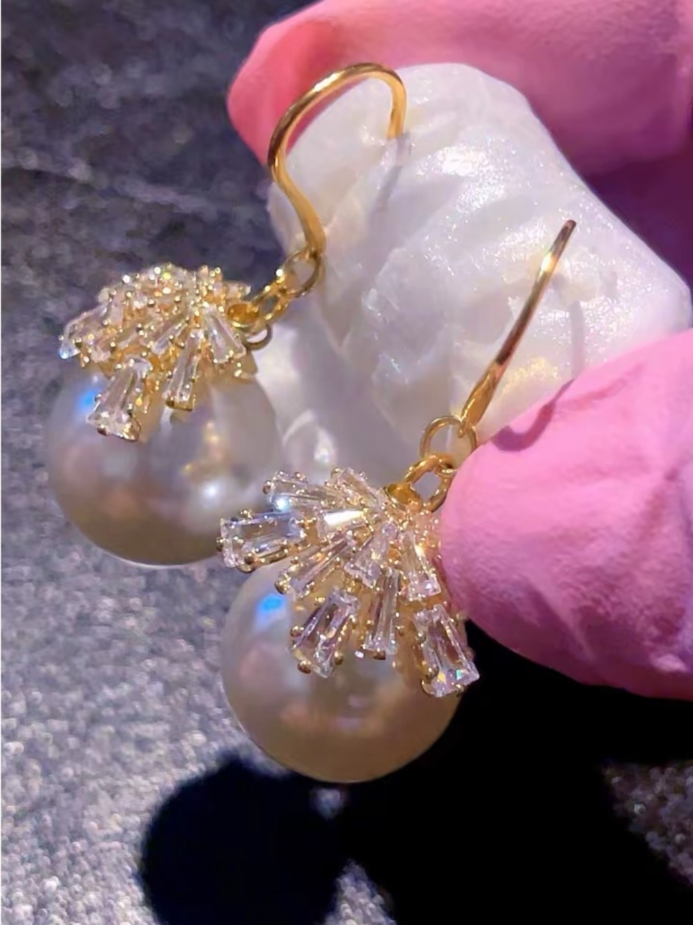 Gold Pearl Drop Earrings with Crystal Baguette Halo